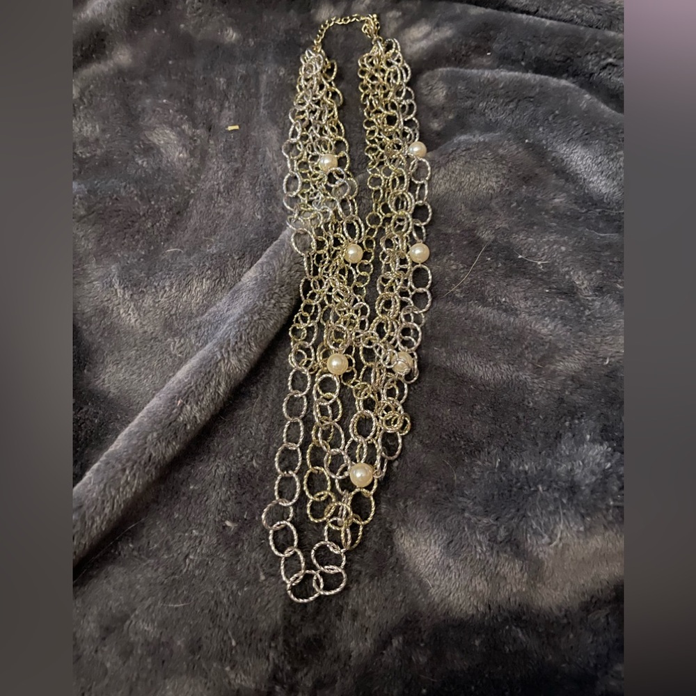 Silver/ faux pearl multi chain necklace
